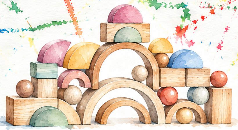 Illustrazione ad acquerello di blocchi di legno colorati, logo di Infanzia, Neuroscienze e Genitorialità