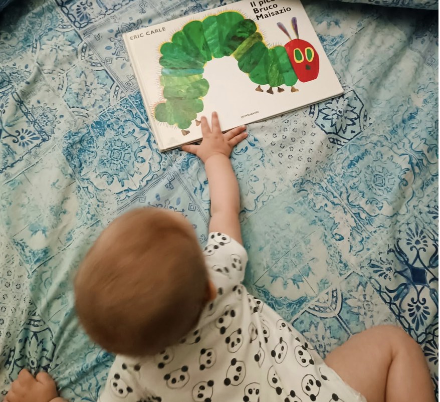 Un bambino piccolo, di spalle, allunga la mano verso un libro illustrato su una coperta azzurra